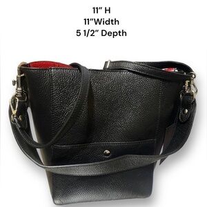 BORSE IN PELLE Leather Tote Shoulder Bag Black 2Pc